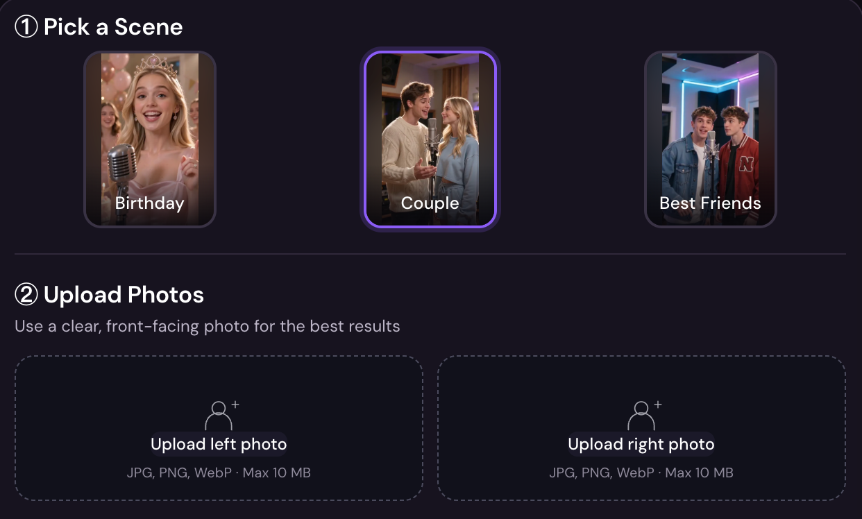 PhotoRap AI studio with a couple scene selected and two portraits uploaded